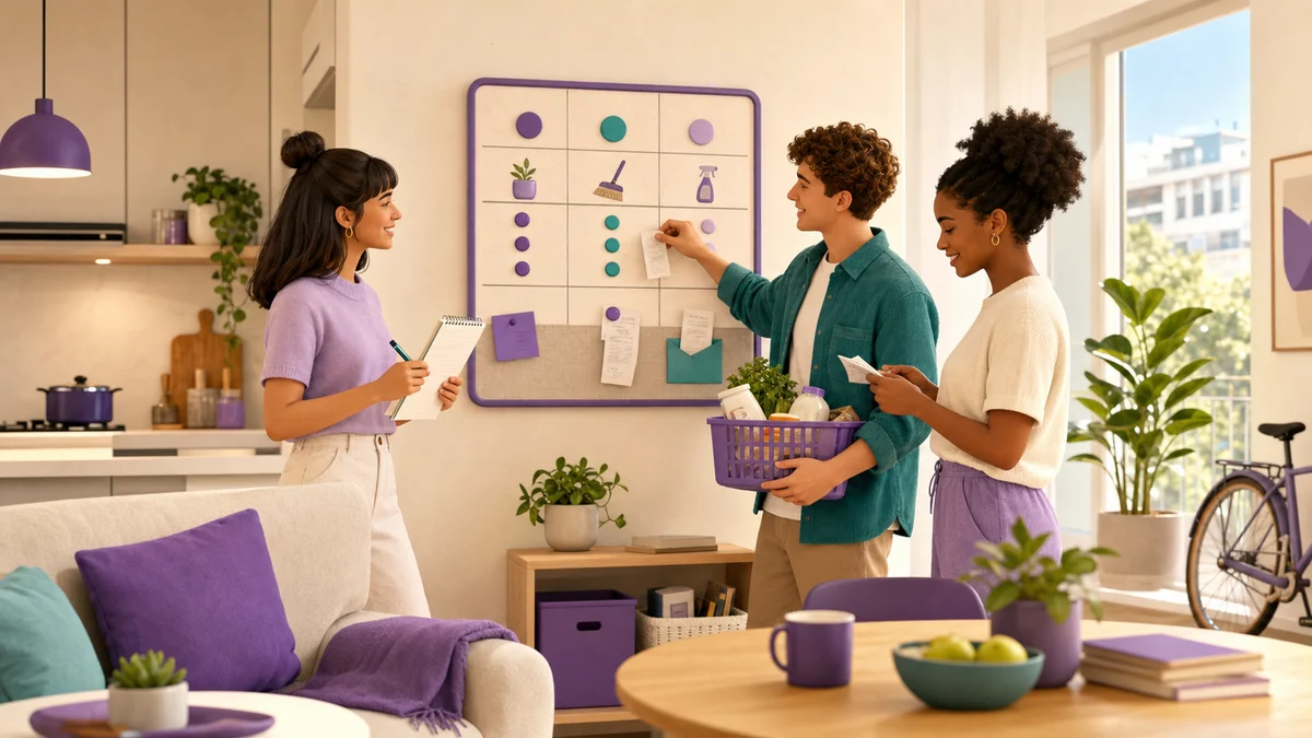 Three roommates organizing chores, groceries and shared expenses in their apartment