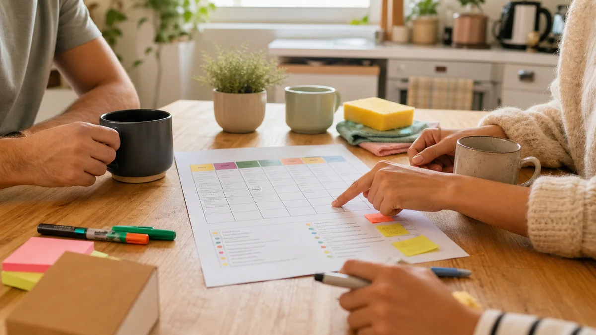 Roommates planning a fair cleaning schedule on a kitchen table