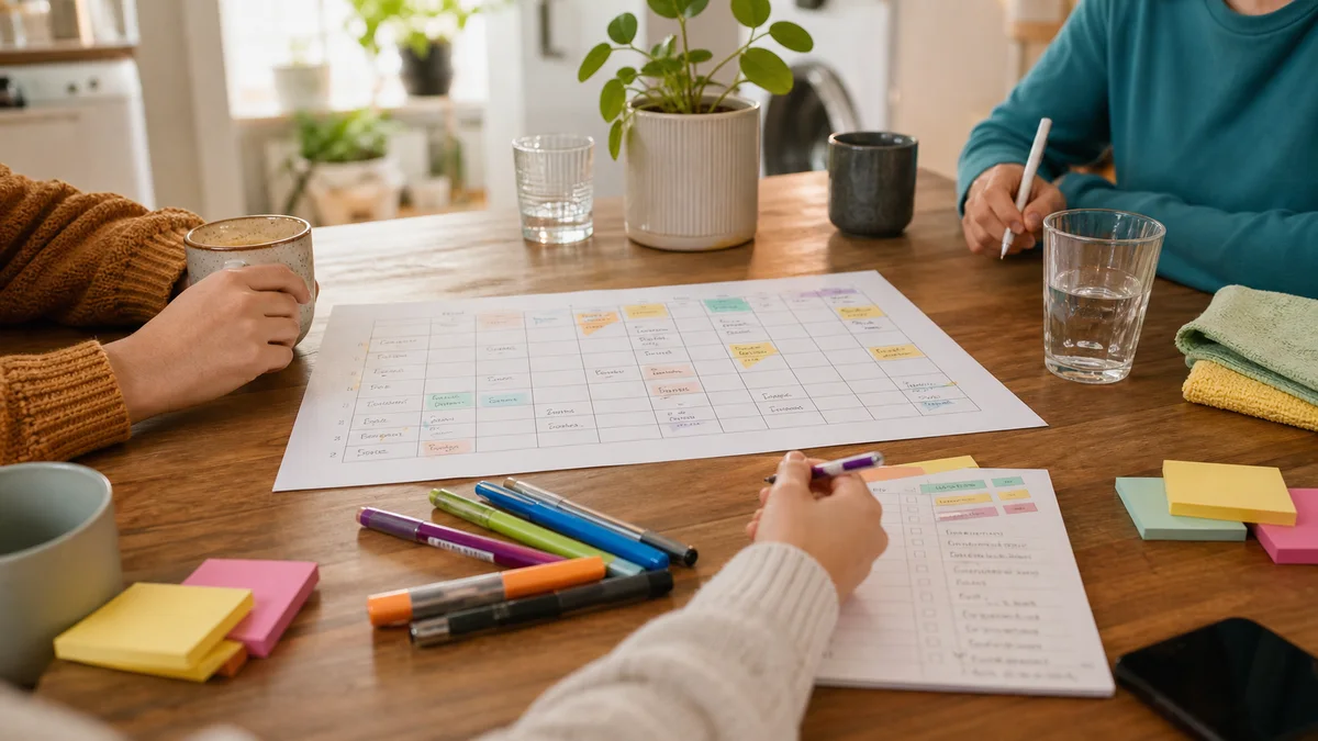 Ein fairer WG-Putzplan auf einem Küchentisch in einer gemütlichen Wohngemeinschaft