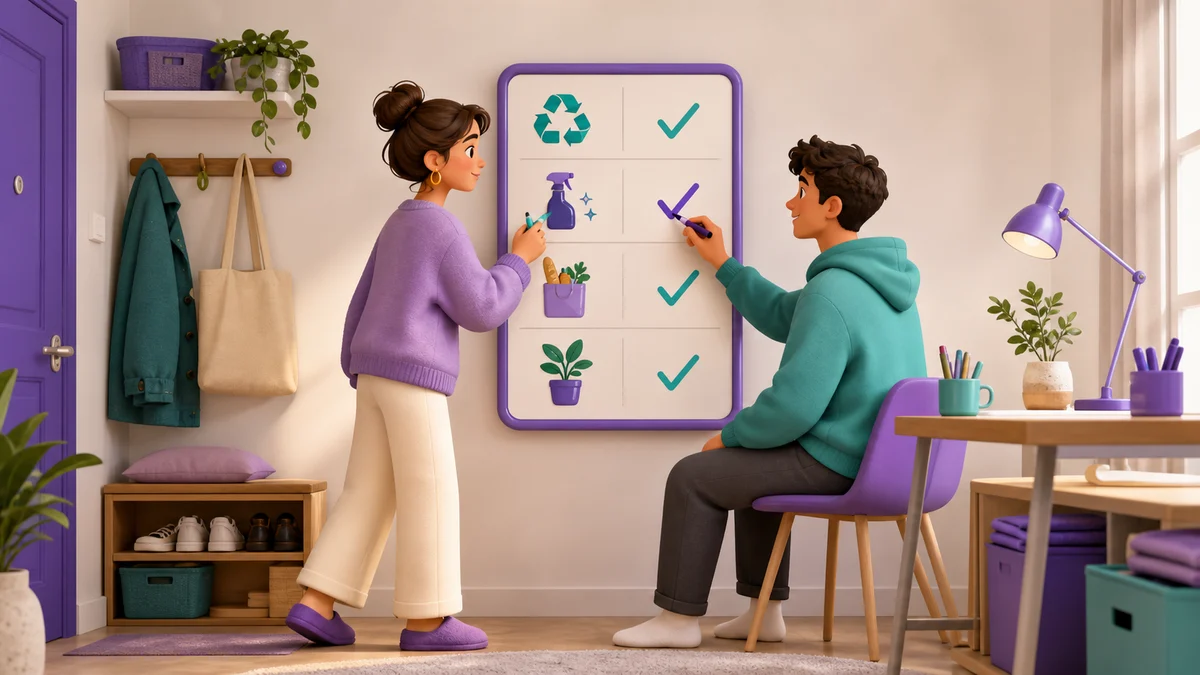 Two roommates completing tasks on a shared household todo board